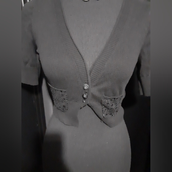 Express Black Cropped Cardigan Short Sleeve Black Glitter Pocket Ladies Size XS - Picture 2 of 6